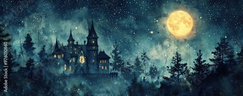 Enchanting Moonlight Castle in a Starry Forest.