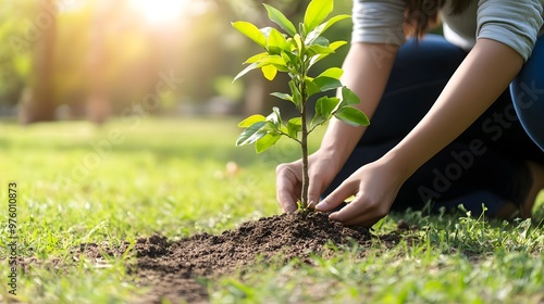 A person planting a young tree in soil during a sunny day, contributing to environmental conservation and nurturing nature.