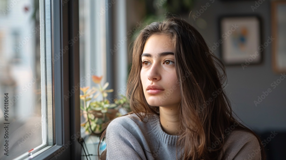 Woman looking out window. A young woman sitting alone by the window, staring out with a contemplative expression Woman looking out window. A young woman sitting alone by the window, staring out with a contemplative expression