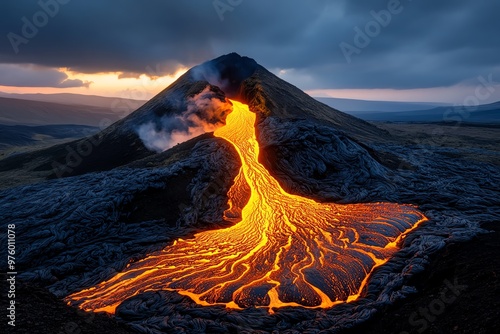 A river of lava flowing down a volcano, with the molten rock moving slowly but powerfully across the landscape photo