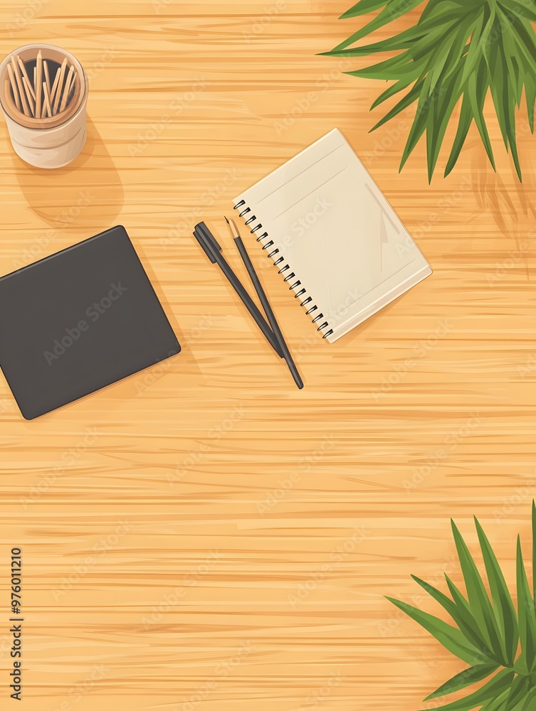 Wooden Desk Top View with Notebook Pens and Plants Wooden Desk Top View with Notebook Pens and Plants