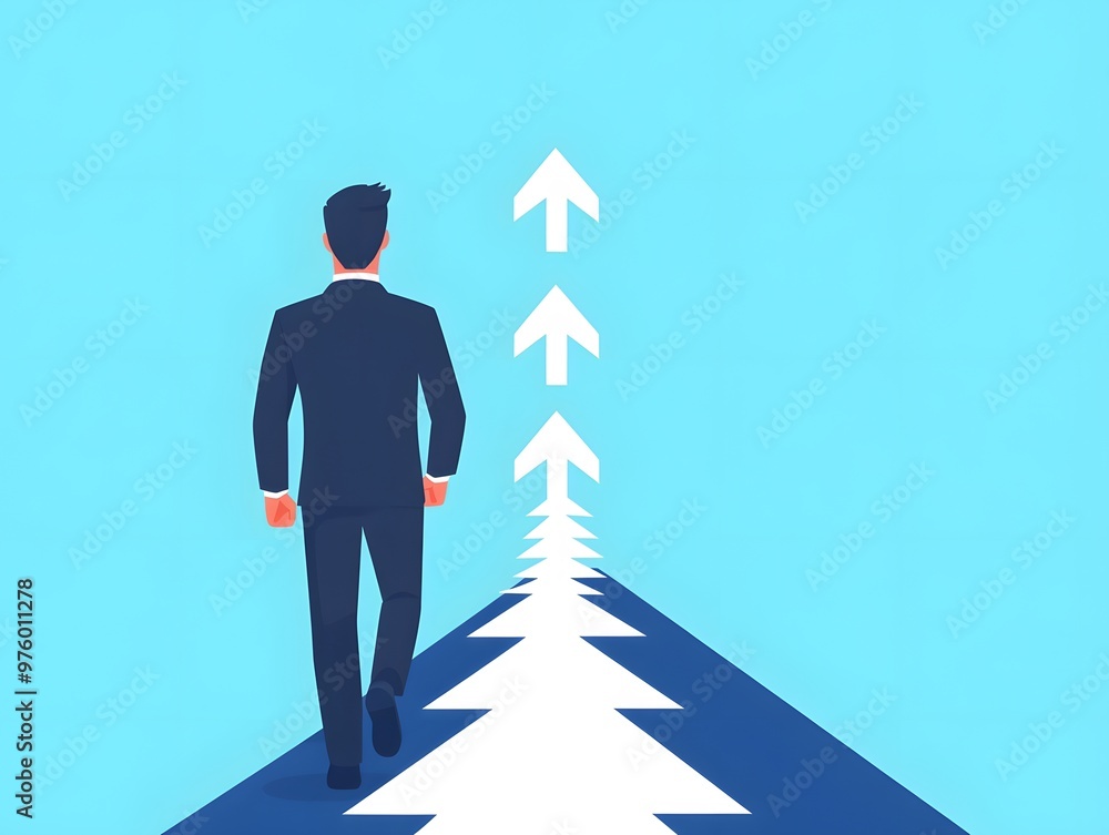Obraz premium Businessman Walking Upward Path Success Arrow Goal Target