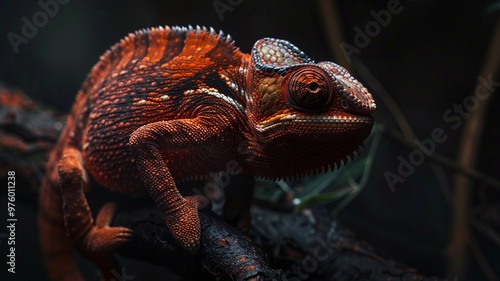 Hyper-realistic 4K image of a dark burnt orange chameleon smoothly blending into its background, showcasing natural camouflage and adaptability in stunning detail.
