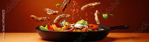 Vibrant ingredients sauteing in a skillet, showcasing a delicious mix of peppers, chicken, and spices in motion. photo