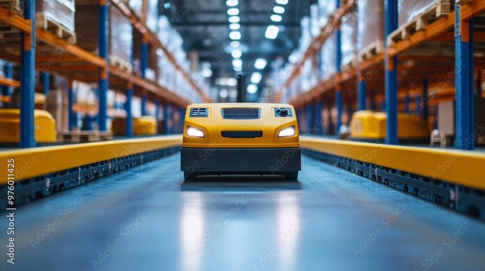 Automated Guided Vehicles in a Modern Distribution Warehouse, showcasing advanced logistics technology, efficient material handling, and streamlined operations in a busy environment Automated Guided Vehicles in a Modern Distribution Warehouse, showcasing advanced logistics technology, efficient material handling, and streamlined operations in a busy environment