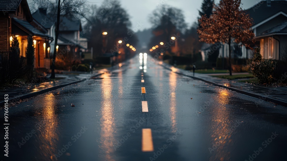 A quiet suburban street at night, with empty sidewalks and dimly lit houses in the background suburban street, night, silence A quiet suburban street at night, with empty sidewalks and dimly lit houses in the background suburban street, night, silence