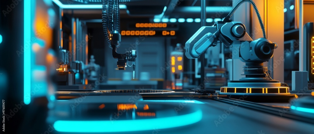 Futuristic robotics technology center with neon lights and advanced machinery, showcasing automation and innovation in industry. Futuristic robotics technology center with neon lights and advanced machinery, showcasing automation and innovation in industry.