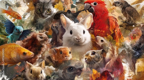 A colorful and chaotic collage of various animals, including a parrot, a cat, a rabbit, a fish, a squirrel, and a bird.