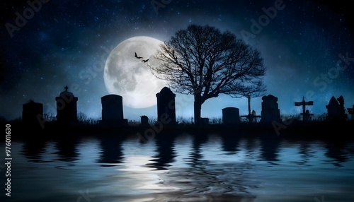 A serene yet eerie night scene capturing the essence of Halloween with a full moon illuminating a quiet graveyard by the water. photo