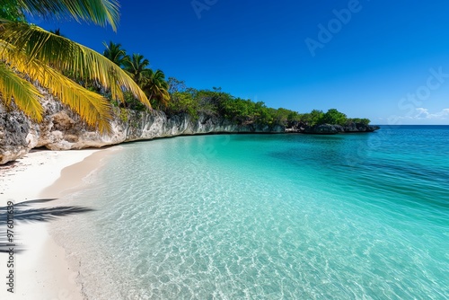 A secluded cove in RoatÃ¡n, with towering cliffs and palm trees framing the white sand beach and clear blue waters photo