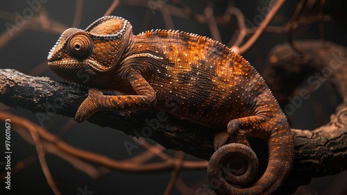 Hyper-realistic 4K image of a dark burnt orange chameleon smoothly blending into its background, showcasing natural camouflage and adaptability in stunning detail.
