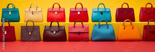 Variety of stylish red and blue women s bags displayed on vibrant yellow background photo