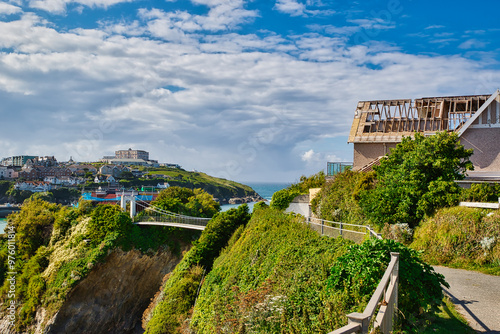 Scenic Coastal View with Cliff and The Island House Bridge at Towan Beach in Newquay, Cornwall, UK