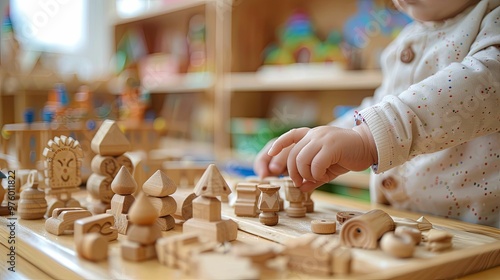 Toddler Playing with Wooden Blocks and Toys photo