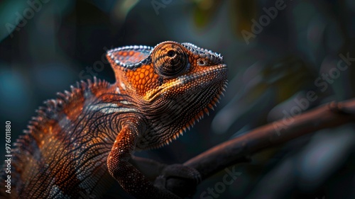 Hyper-realistic 4K image of a dark burnt orange chameleon smoothly blending into its background, showcasing natural camouflage and adaptability in stunning detail.
