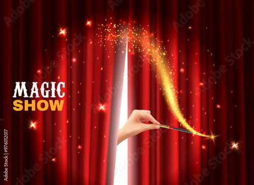 Magical show. Hand hold wand, red theater curtains. Horizontal banner or flyer design. Invitation mystical performance wizard. Sorcerers mysterious stage. Event placard vector concept
