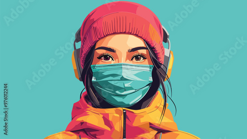 Vector illustration of a woman wearing a mask, staying healthy