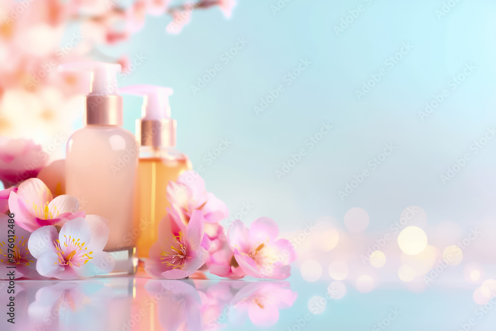 A serene arrangement featuring two skincare bottles nestled among soft pink flowers, set against a gentle pastel backdrop, evoking spring’s tranquility A serene arrangement featuring two skincare bottles nestled among soft pink flowers, set against a gentle pastel backdrop, evoking spring’s tranquility