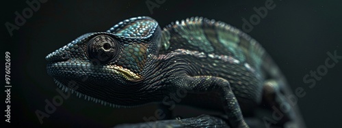 Hyper-realistic 4K image of a dark olive green chameleon with subtle color accents, showcasing its detailed texture and natural appearance.
