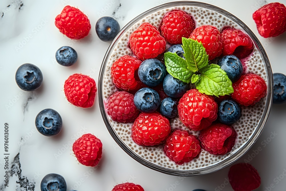 Healthy Chia Pudding Topped With a Handful of Fresh Raspberries, Blueberries, and a Sprig of Mint