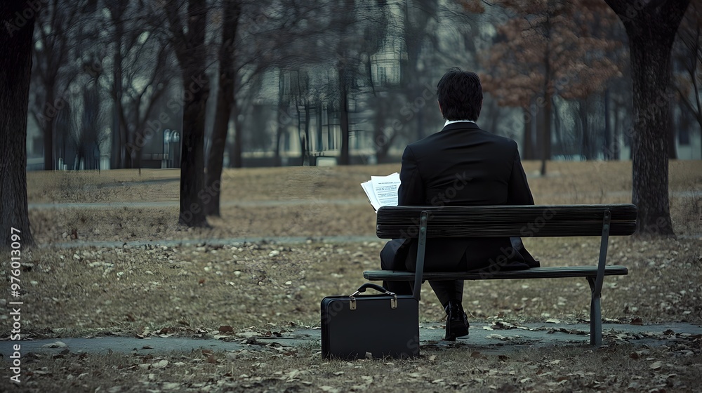 Fototapeta premium Person Sitting on Park Bench with Briefcase of Bankruptcy Documents Symbolizing Isolation
