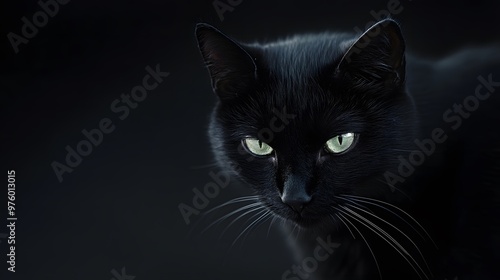 A closeup of a black cat radiating mystery and confidence in an enigmatic setting. Animal portrait concept