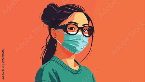 Vector illustration of a woman wearing a mask, staying healthy
