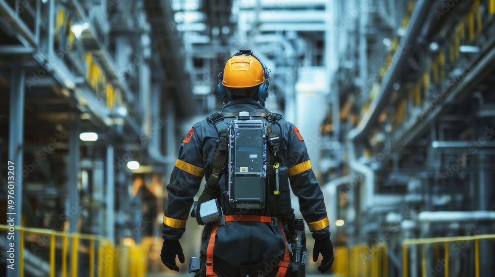 Fototapeta premium Exoskeleton Suits in Industrial Operations, advanced wearable technology improving efficiency and worker productivity in manufacturing environments, showcasing innovation in labor enhancement