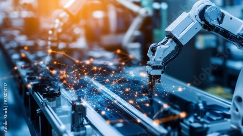 AI-powered industrial assembly lines, showcasing advanced automation technology, efficient production processes, streamlined workflows, and innovative machinery in action.
