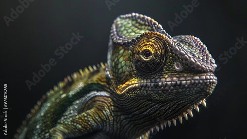 Hyper-realistic 4K image of a dark olive green chameleon with subtle color accents, showcasing its detailed texture and natural appearance.
