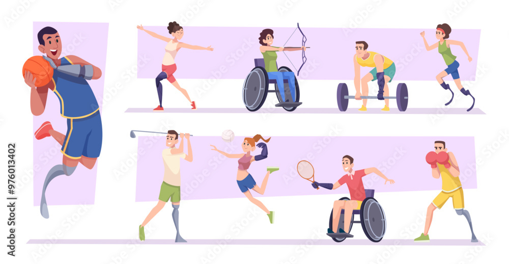 Disabled fitness. Athletes characters with protesis legs and hands exact vector illustrations in cartoon style Disabled fitness. Athletes characters with protesis legs and hands exact vector illustrations in cartoon style