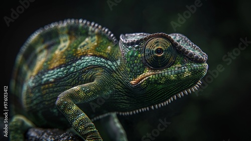 Hyper-realistic 4K image of a dark olive green chameleon with subtle color accents, showcasing its detailed texture and natural appearance.
