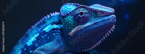 A hyper-realistic 4K HD image of a dark cobalt blue chameleon with soft lighting highlighting its texture and intricate details.
