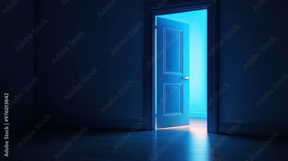 A door ajar reveals a glowing blue light in a darkened room. A door ajar reveals a glowing blue light in a darkened room.