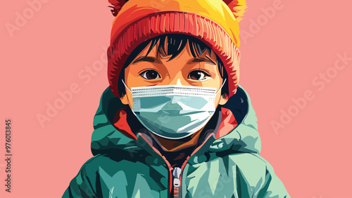 Vector illustration of a child wearing a mask, staying healthy