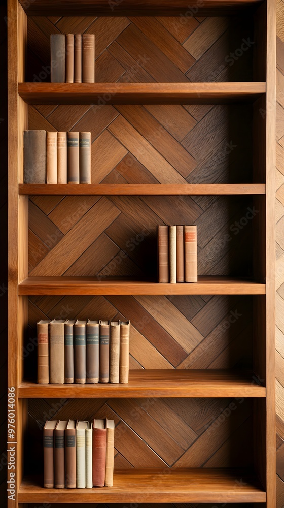 Bookshelf with Old Books and Herringbone Wood Bookshelf with Old Books and Herringbone Wood