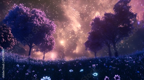 Celestial Garden Abloom with Starlight Flowers and Meteor Trees under Infinite Starry Sky