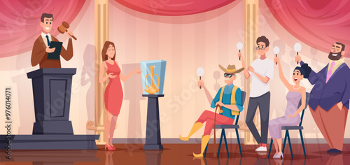 Auction. Background indoor interior different people buying and selling paintings making bids for retro goods exact vector cartoon templates