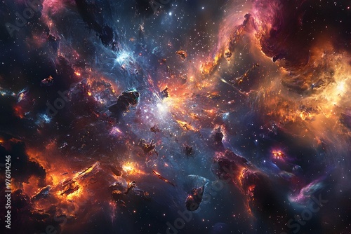 Epic Celestial Battlefield of Luminous Beings Clashing Amid Swirling Cosmic Nebulae