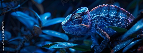 A hyper-realistic 4K HD image of a dark cobalt blue chameleon with soft lighting highlighting its texture and intricate details.
