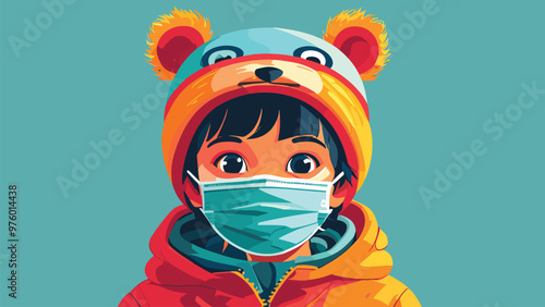Vector illustration of a child wearing a mask, staying healthy