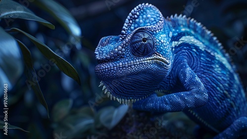 A hyper-realistic 4K HD image of a dark cobalt blue chameleon with soft lighting highlighting its texture and intricate details.
