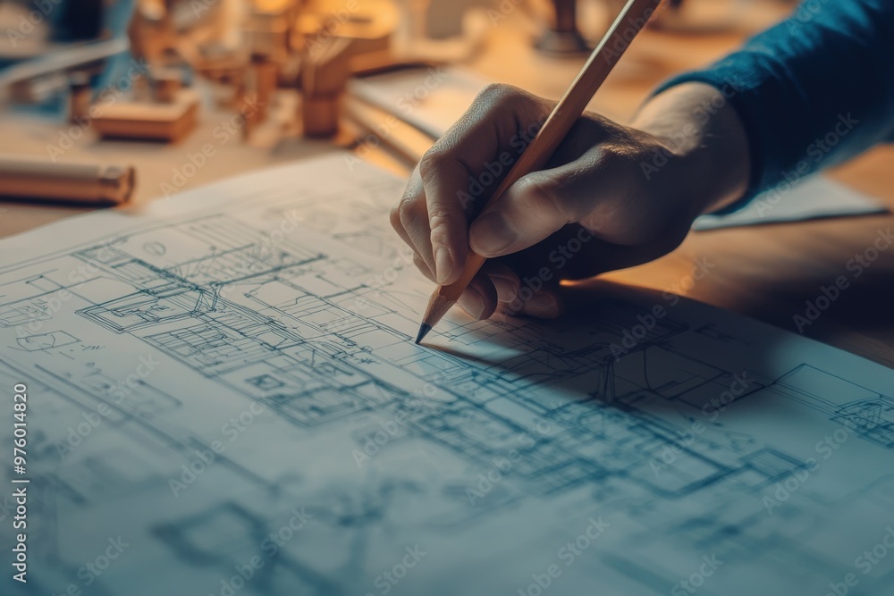 Architecture drawing blueprint with pencil on hand on workplace Architecture drawing blueprint with pencil on hand on workplace