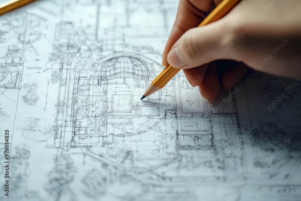 Architecture drawing blueprint with pencil on hand on workplace