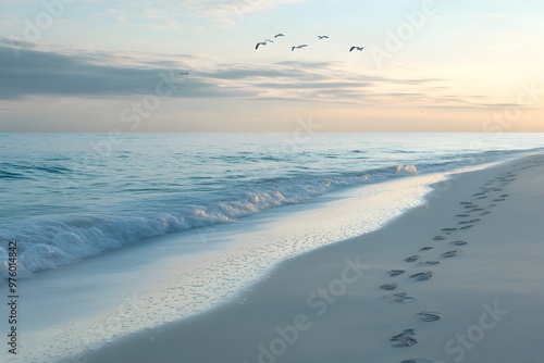 Tranquil Dawn at the Peaceful Beach with Crashing Waves and Seagulls