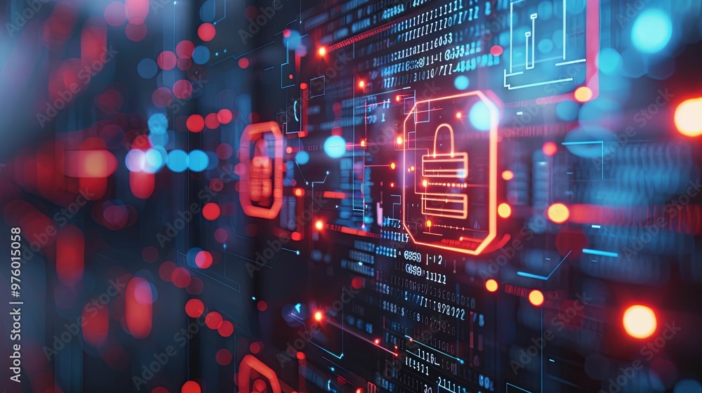 Cyber Security Concept with Red and Blue Lights and a Lock Icon Cyber Security Concept with Red and Blue Lights and a Lock Icon