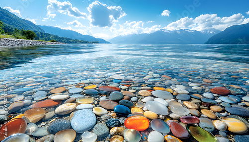 The sea is full of colorful pebbles, and the pebble beach on both sides is covered with many colored glass stones