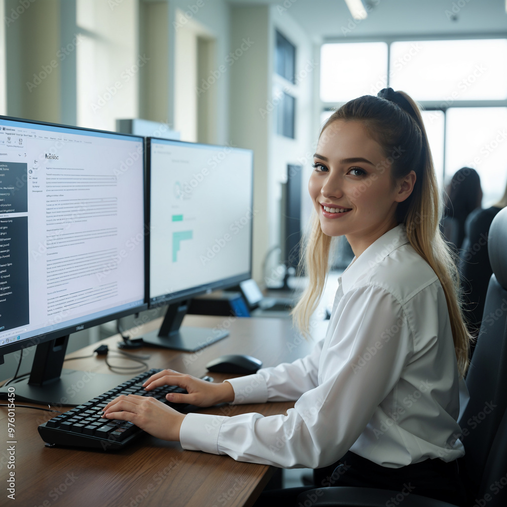 A female office worker is sitting at a computer A female office worker is sitting at a computer