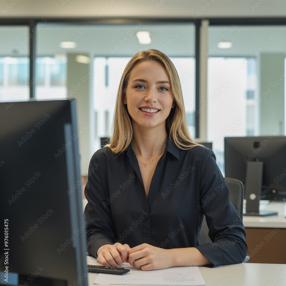 A female office worker is sitting at a computer A female office worker is sitting at a computer