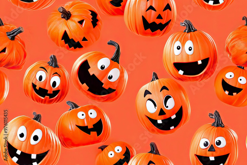 Seamless repeating pattern of various cartoonish jack-o'-lantern pumpkins with expressive faces on an orange background, perfect for Halloween-themed designs.